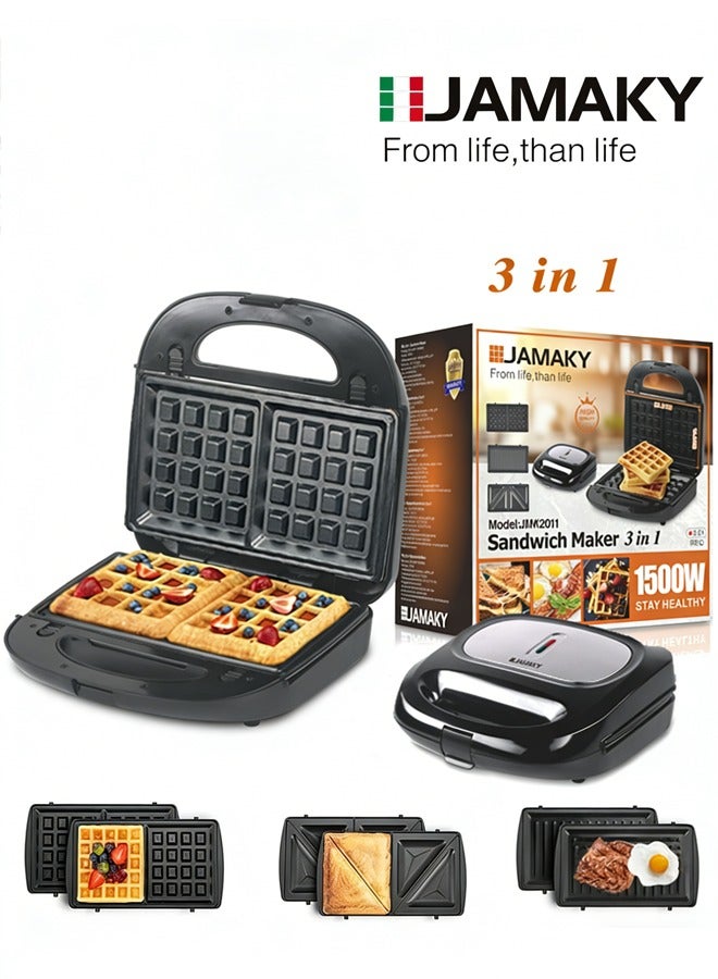 JAMAKY 3 in 1 Waffle Maker,Non-Stick Multi Snacks Make With Waffle/Sandwich/Panini Press,Detachable Plates & Indicator Lights,Portable Cool Touch Handle,Easy to Clean,1500W JMK2011 - Image 1